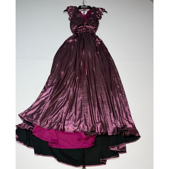 leena for Mac Duggal Ruffle Sleeve Metallic Gown pink maxi dress Size 12 - Picture 4 of 5